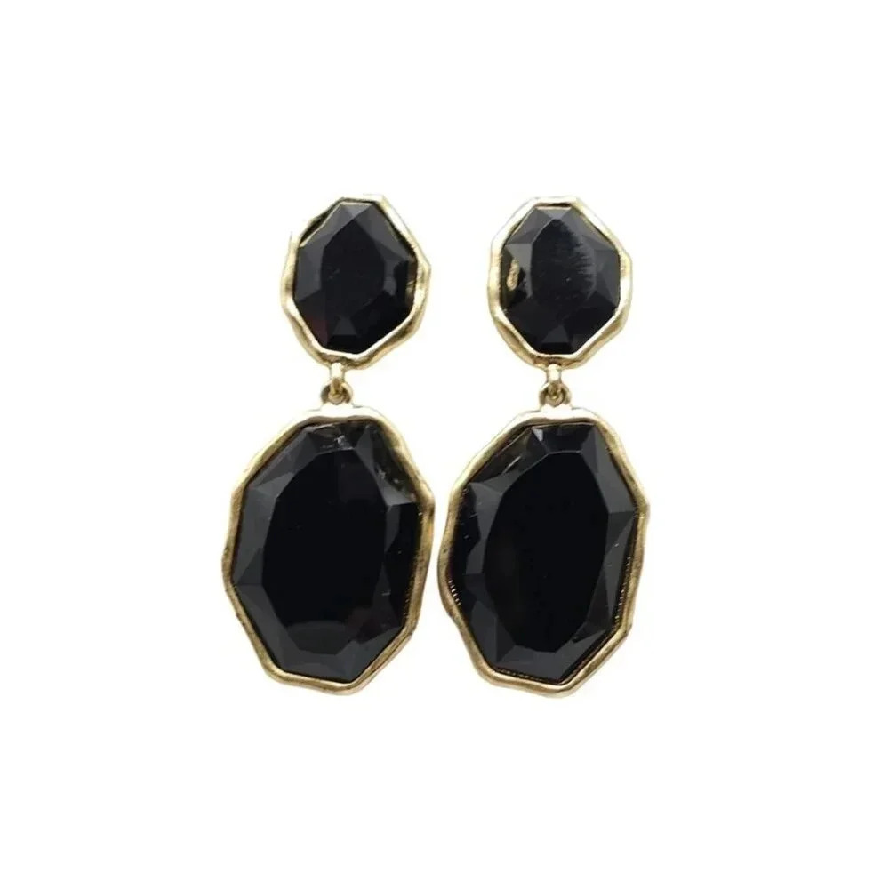 Artist Signed Black Acrylic Dangle Drop Earrings Gold Tone Vintage